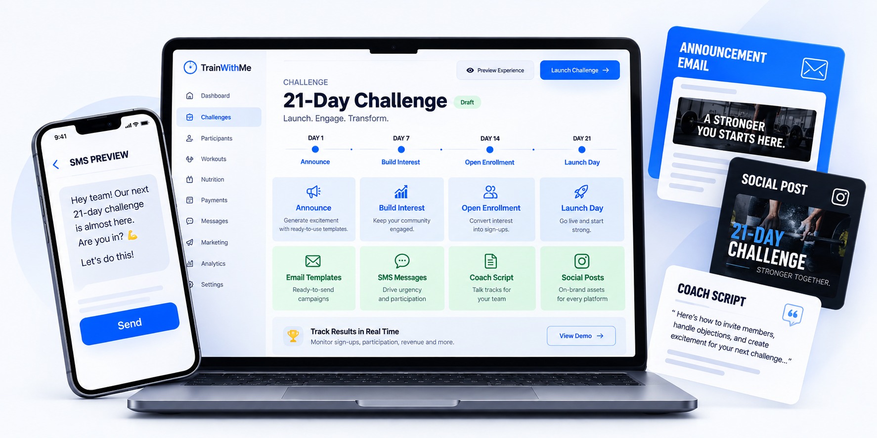 Challenge launch kit: the 21-day plan in the TrainWithMe dashboard, an SMS preview on a phone, and the announcement email, social post and coach script assets