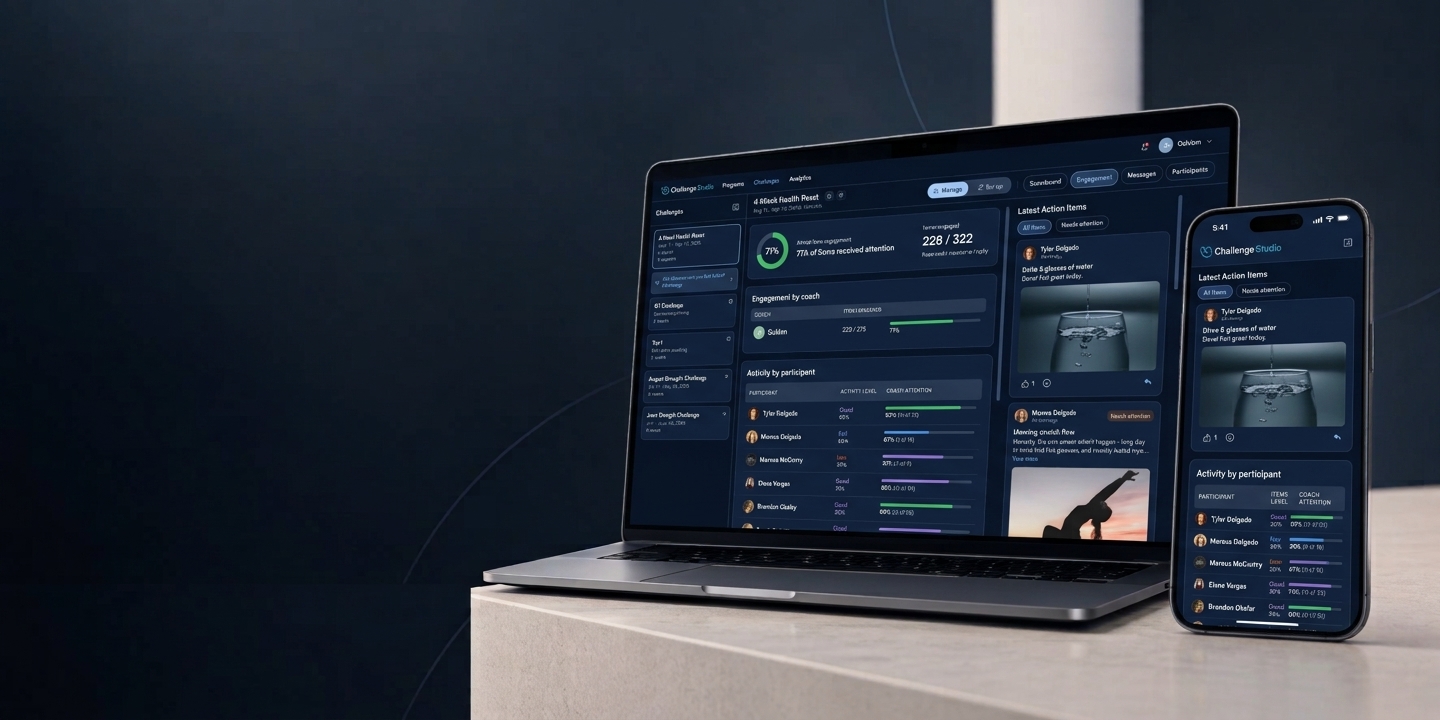Challenge dashboard on a laptop and phone, showing member engagement by coach, activity by participant, and the latest coach action items