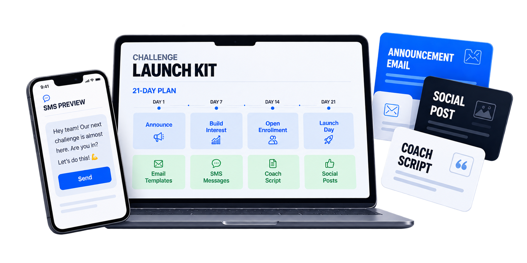 21-day launch kit: laptop, phone, and template cards