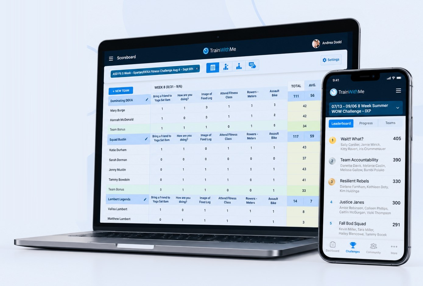 TrainWithMe leaderboard on a laptop next to the member view on a phone